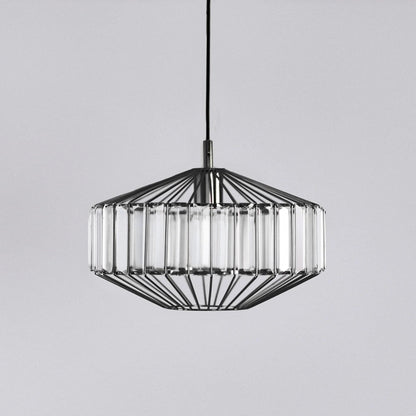 Black prism glass pendant light, ribbed glass shade with black wire frame