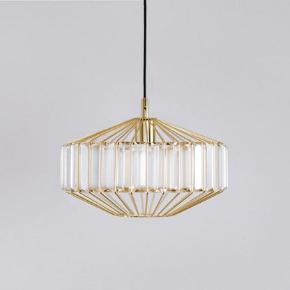 Gold prism glass pendant light with faceted clear panels and gold frame, hanging