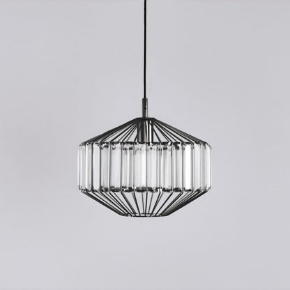 Black prism glass pendant light centered, faceted clear glass panels in black frame