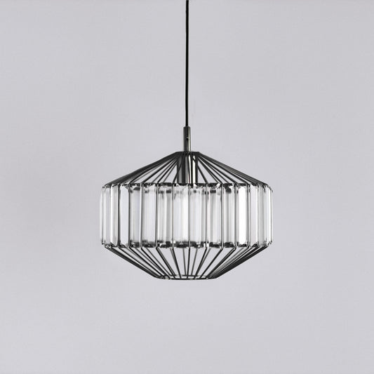 Black prism glass pendant light centered, faceted clear glass panels in black frame