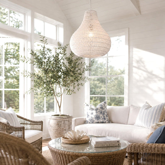 White rope teardrop pendant light shade with hanging cord over living room