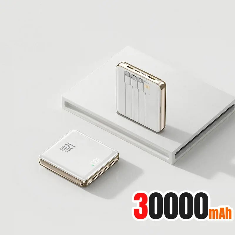 White mini power bank with LED display and built-in charging connectors, 30000mAh
