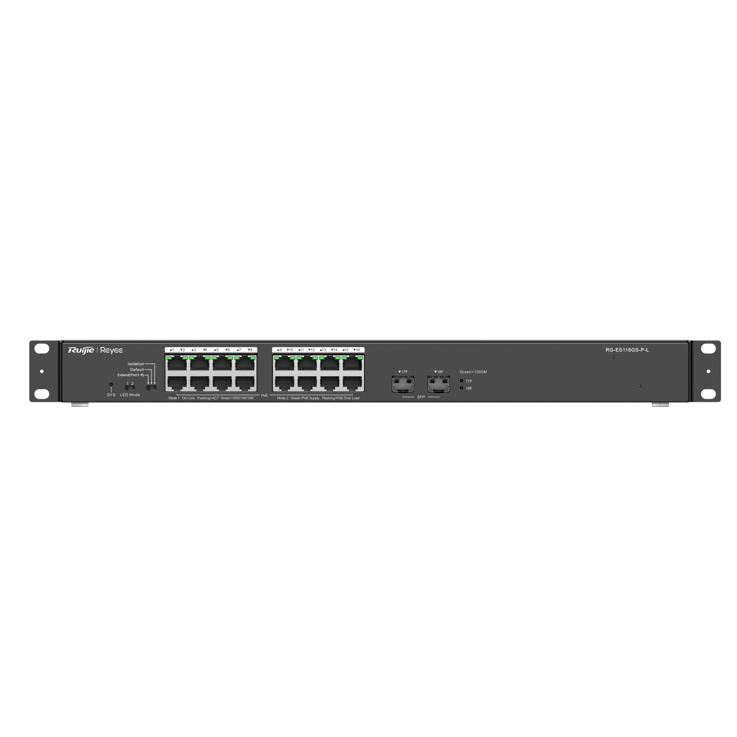 Ruijie Reyee RG-ES118GS-P-L 18-Port Gigabit Unmanaged PoE Switch | 16 PoE+ Ports | 2 SFP Uplinks | 247W PoE Budget | CCTV &amp; Business Network Switch