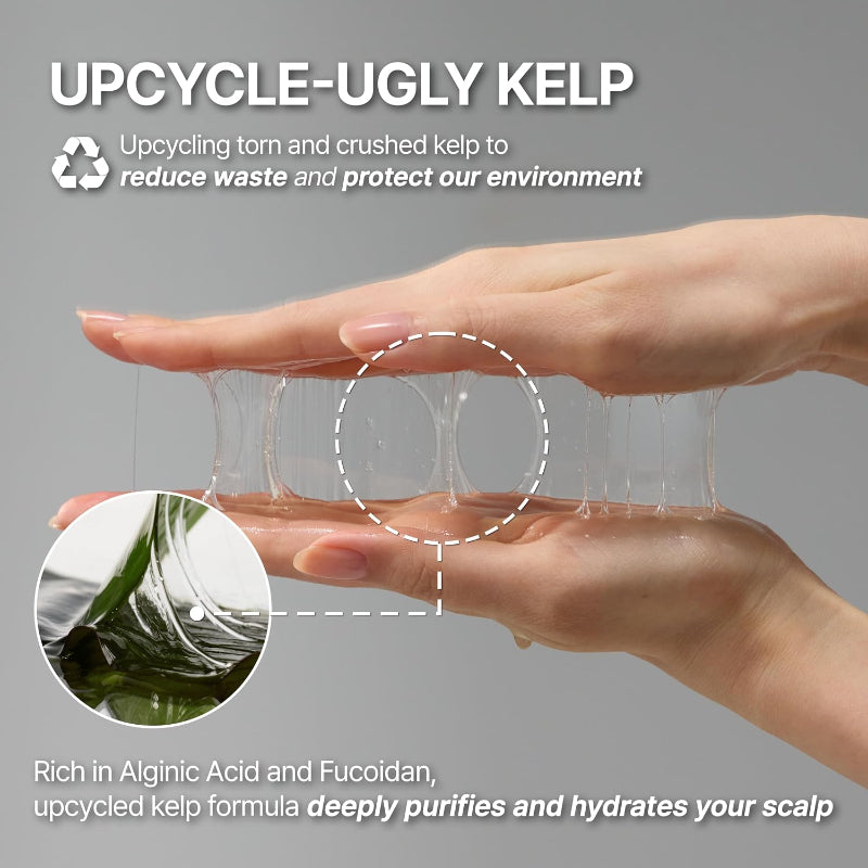 Hand holding translucent kelp gel with a circular inset showing kelp.