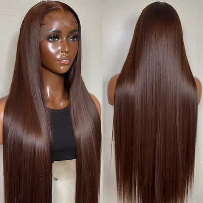 Chocolate brown straight wig, front and back view on mannequin with deep part