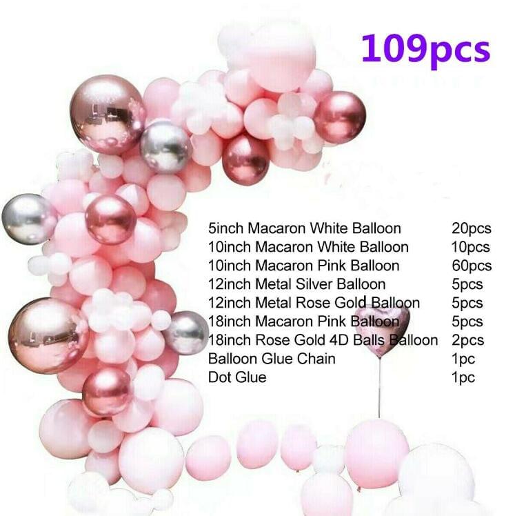 Pink balloon garland arch kit with macaron-style and rose gold plus silver metallic balloons