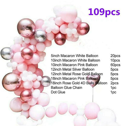 Pink balloon garland arch kit with macaron-style and rose gold plus silver metallic balloons