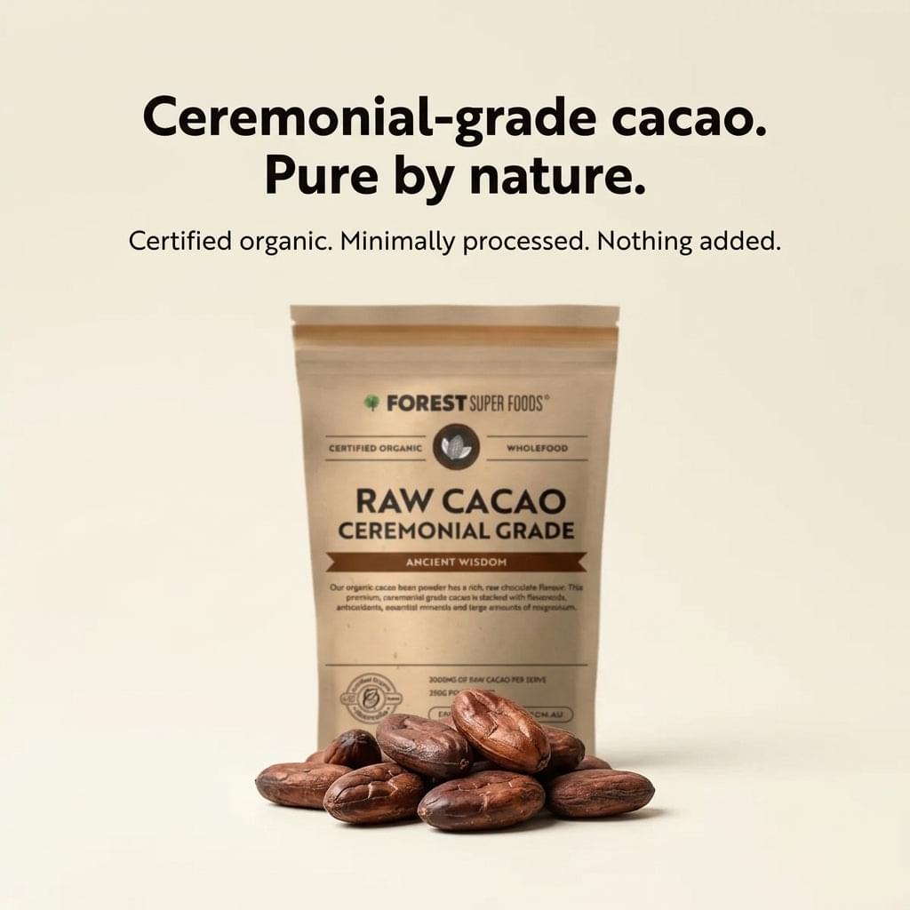 Raw cacao ceremonial grade pouch standing with dark cacao beans