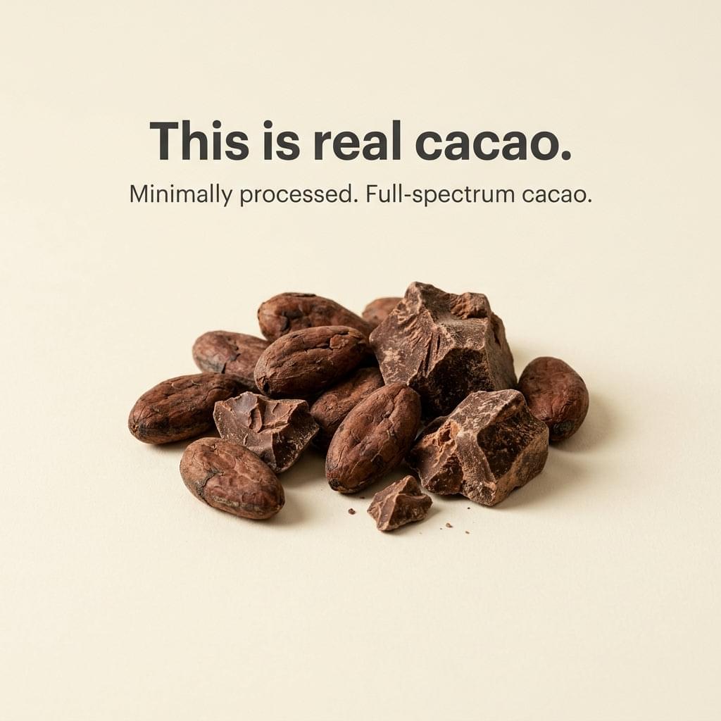 Raw cacao pieces and nibs, dark brown