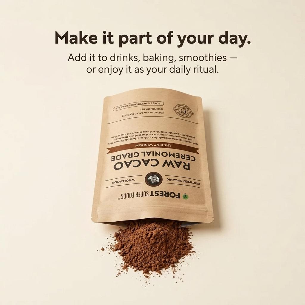 Raw cacao ceremonial grade pouch with cacao powder pile