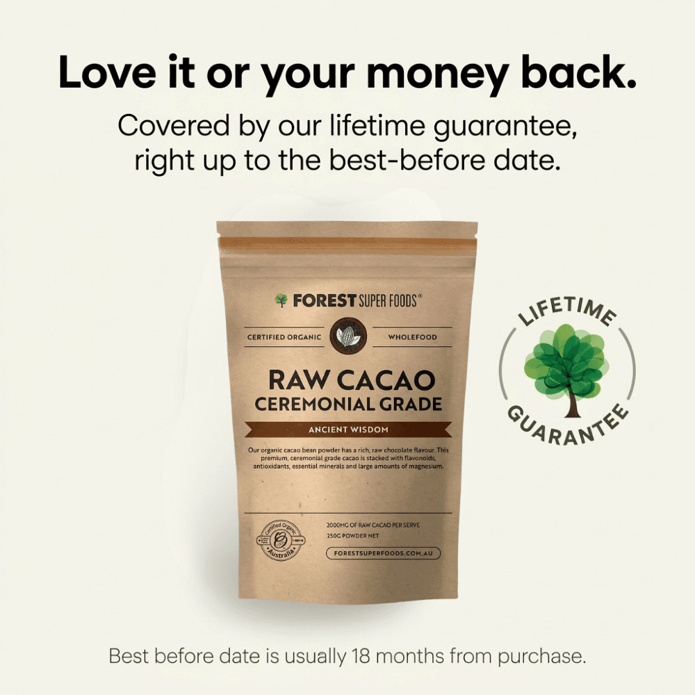 Raw cacao ceremonial grade pouch with lifetime guarantee badge
