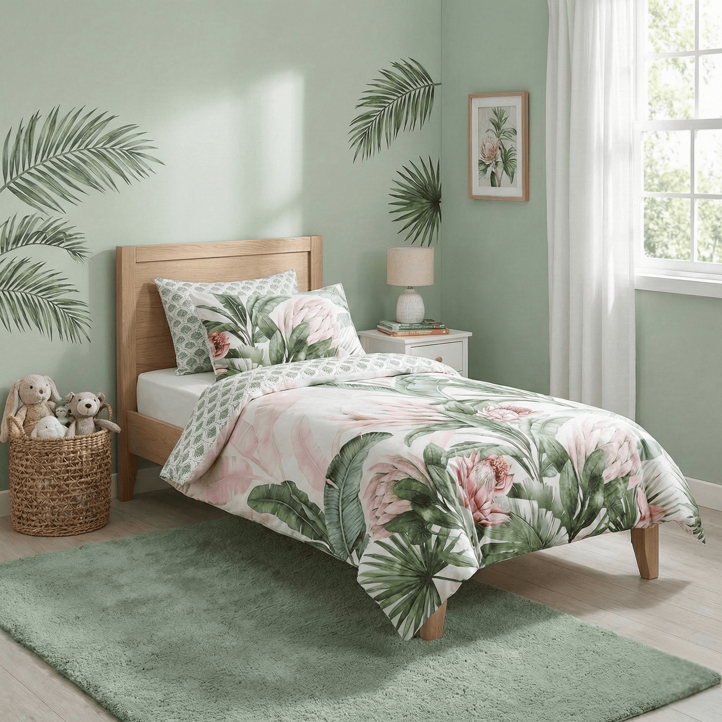 Kids quilt cover set with pink and green tropical leaf print, reversible botanical design