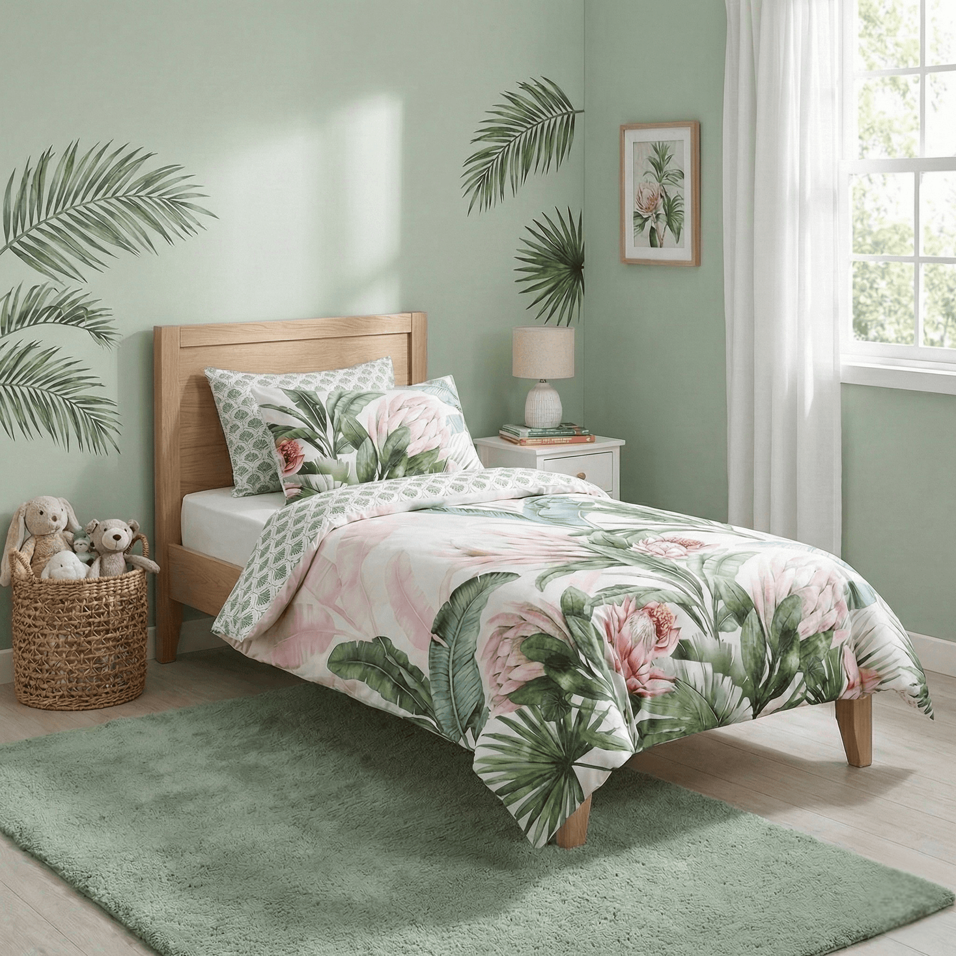 Kids quilt cover set with pink and green tropical leaf print, reversible botanical design