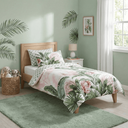 Kids quilt cover set with pink and green tropical leaf print, reversible botanical design