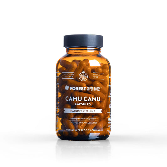 Organic camu camu berry supplement capsules bottle, amber jar with black lid