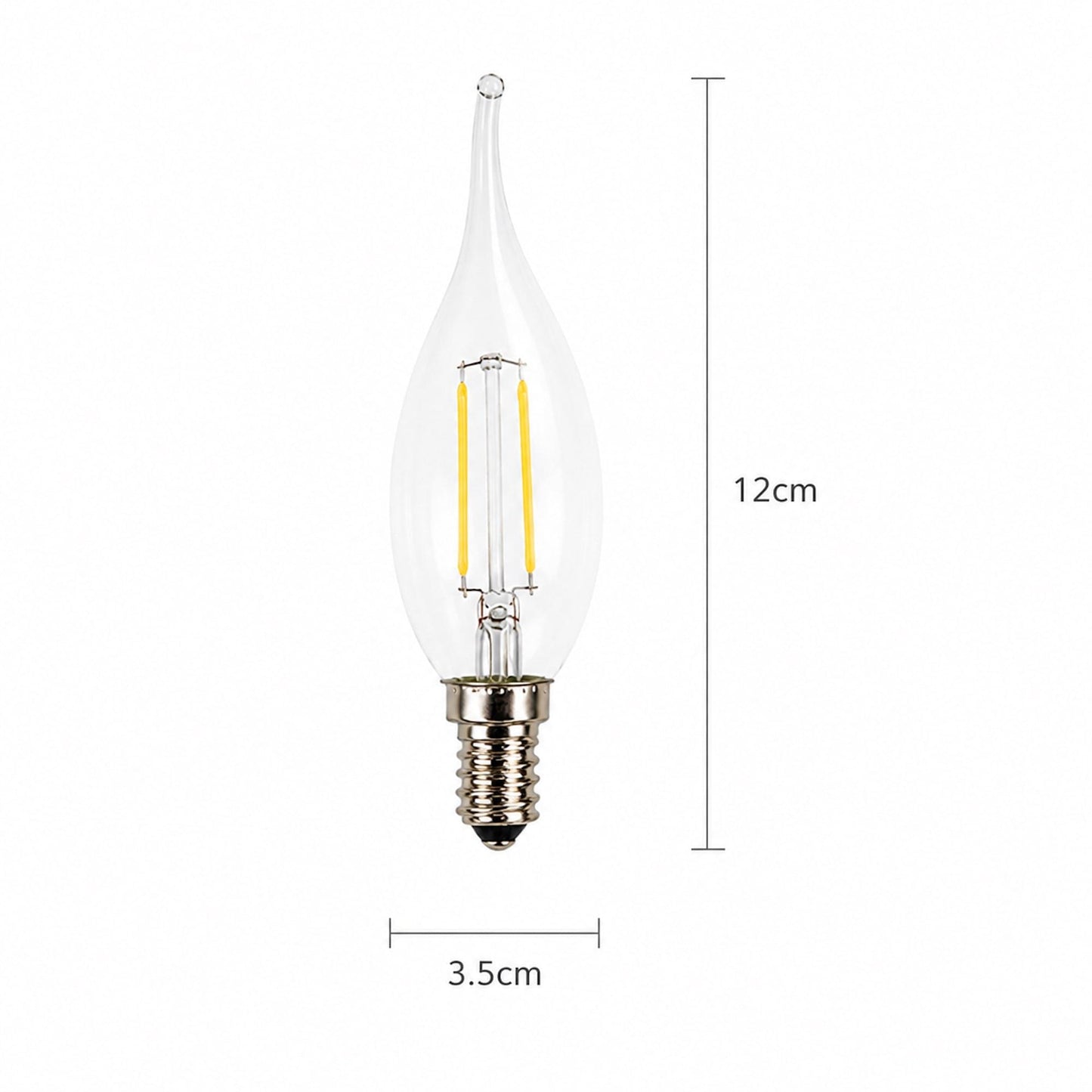 Single LED E14 flame-tip bulb, clear glass with exposed cool-white filaments, 12cm tall