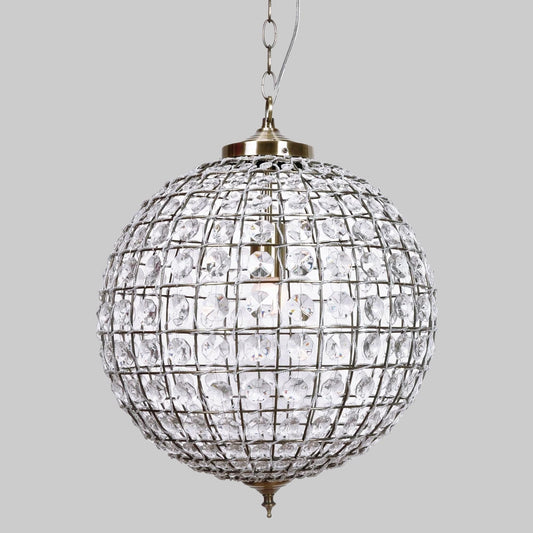 Brass pendant crystal chandelier with round globe and faceted glass blocks