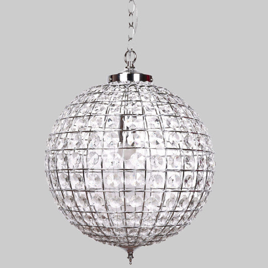 Crystal globe pendant chandelier with chrome top and faceted clear glass grid