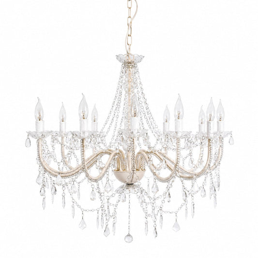 12-light crystal chandelier with clear glass drops and candle-style bulbs
