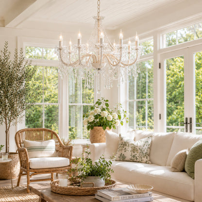 Cassie 12-light chandelier with shimmering clear glass crystals and candelabra bulbs