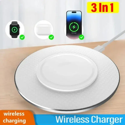 White 3-in-1 wireless charging pad with LED indicator ring and cable connection.