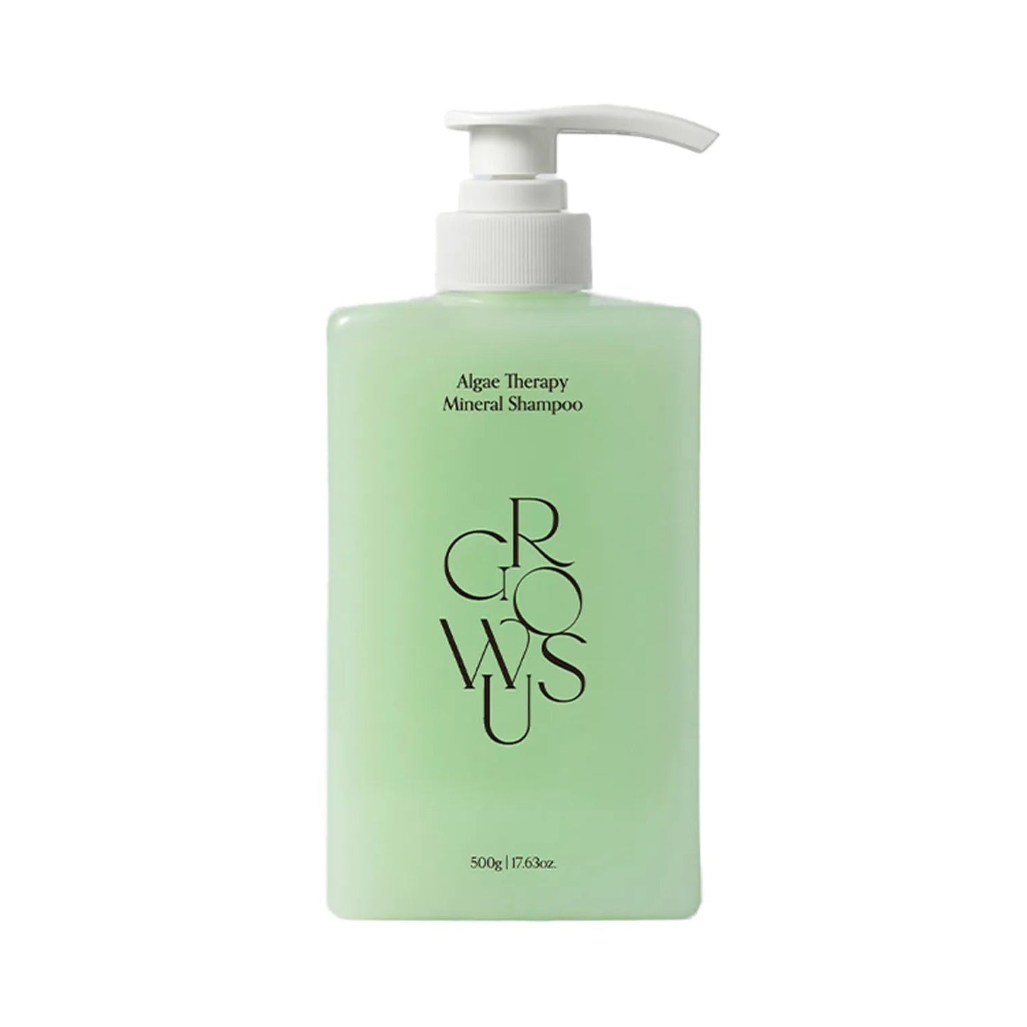 Algae mineral shampoo bottle with white pump, light green bottle, 500g front view.