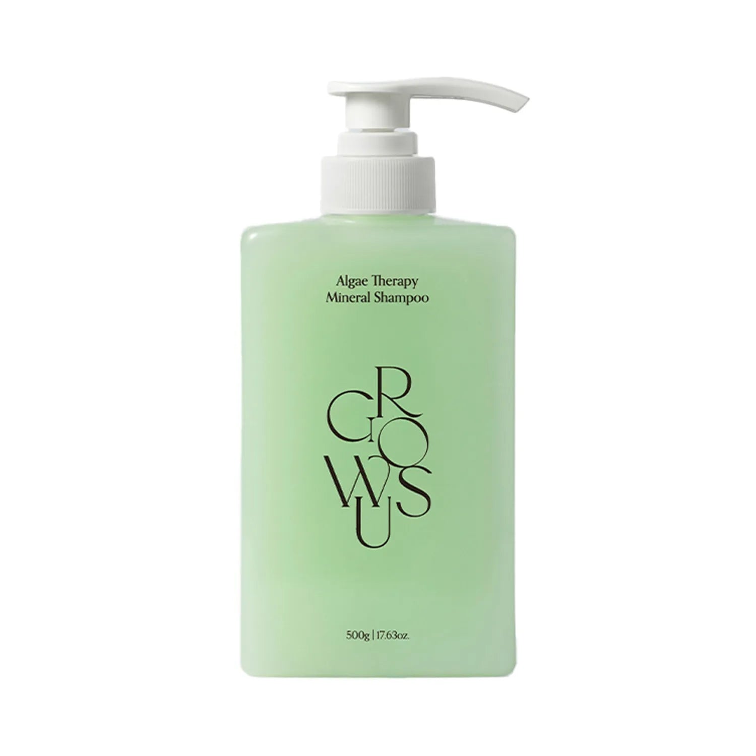 Algae mineral shampoo bottle with white pump, light green bottle, 500g front view.