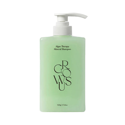 Algae mineral shampoo bottle with white pump, light green bottle, 500g front view.