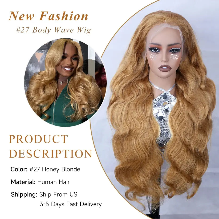 Honey blonde body wave lace front human hair wig with preplucked natural hairline