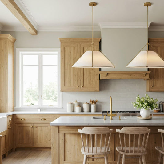 Brass hanging rod stems with ceiling canopy above kitchen island