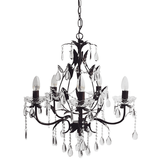 Black and chrome 5-light chandelier with dangling crystal drops and curved arms