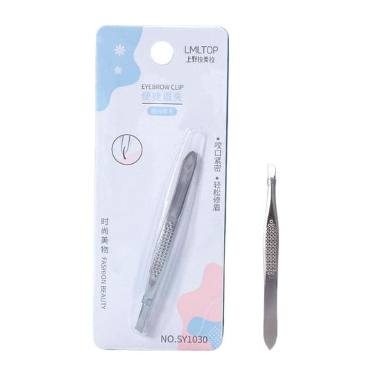 Eyebrow tweezers and blackhead remover, silver slant-tip tool in blister pack