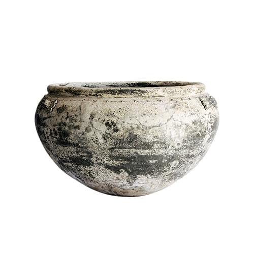 Speckled gray concrete plant pot with wide rounded shape and smooth rim