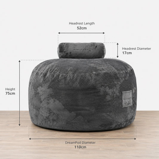 Grey fabric headrest cushion, rounded bolster, 17 cm diameter, 52 cm length.