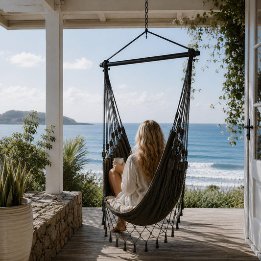 Charcoal hammock hanging chair with macrame fringe and tassels