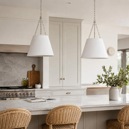 White bell pendant lights with nickel chains