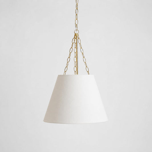 White fabric drum pendant shade with gold chain and hardware