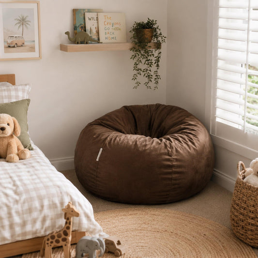 Brown round bean bag chair with cushioned seat and gathered top