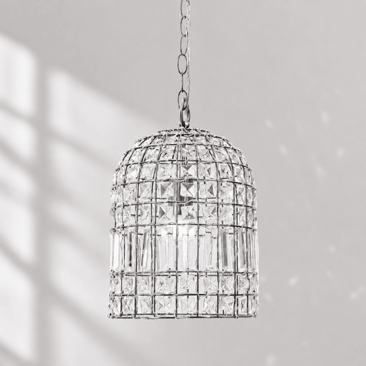 Chrome dome chandelier with clear crystal glass grid and hanging chain.