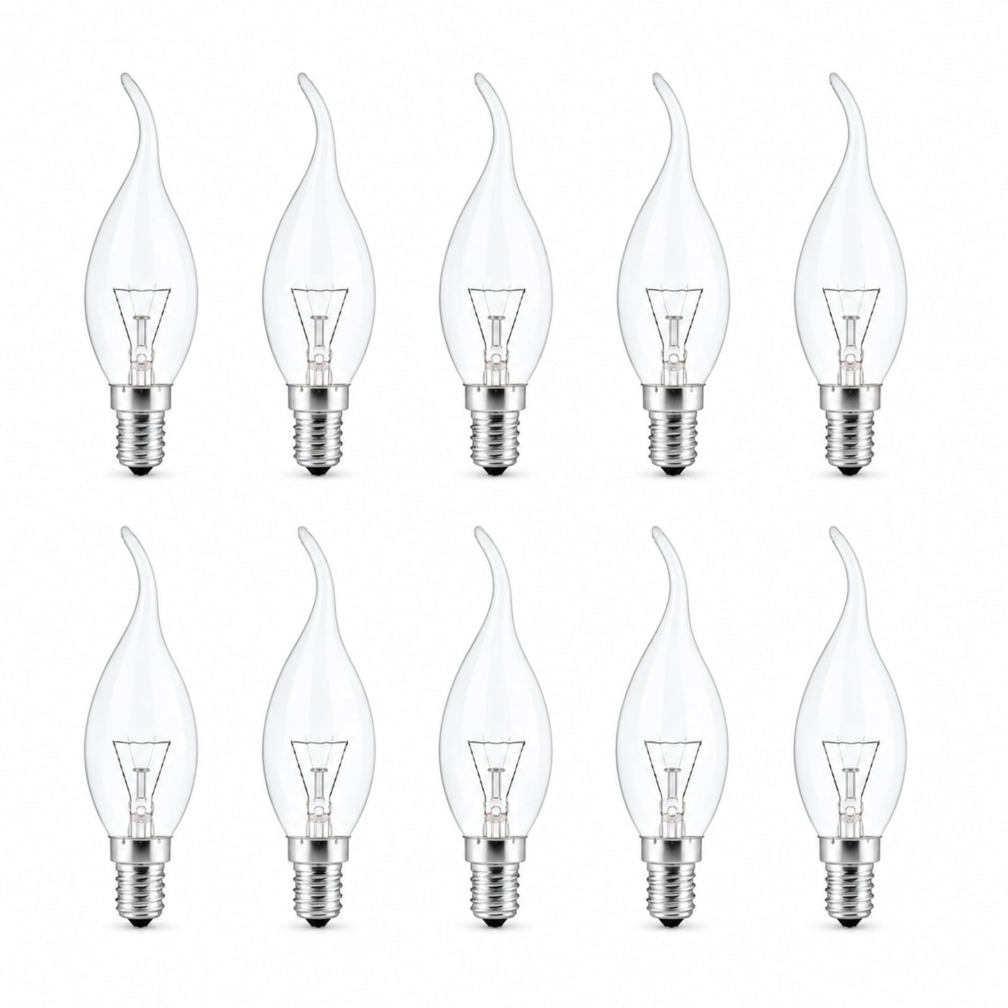 Pack of clear flame-tip chandelier candle bulbs with E14 screw bases