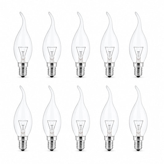 Pack of clear flame-tip chandelier candle bulbs with E14 screw bases
