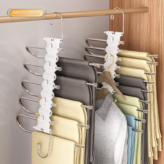 5-tier trouser rack with clips for hanging pants on a closet rod