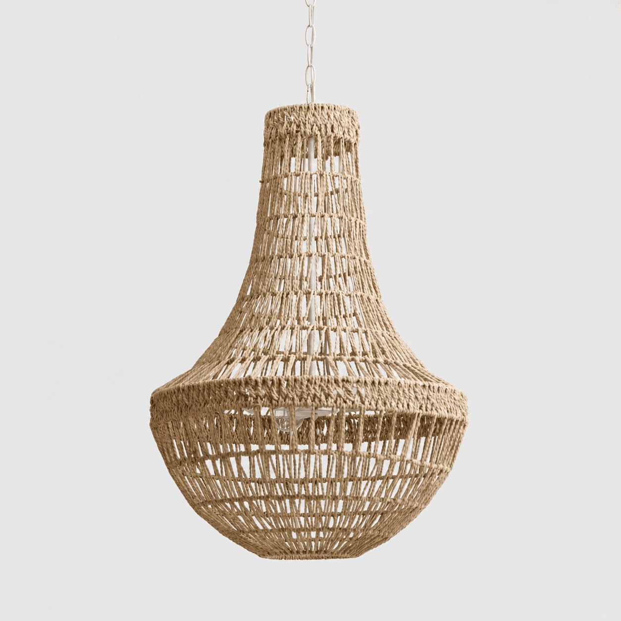Natural rope pendant chandelier with rounded hourglass woven shade and hanging chain