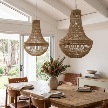 Pair of natural rope pendant chandelier lights with hourglass woven shades