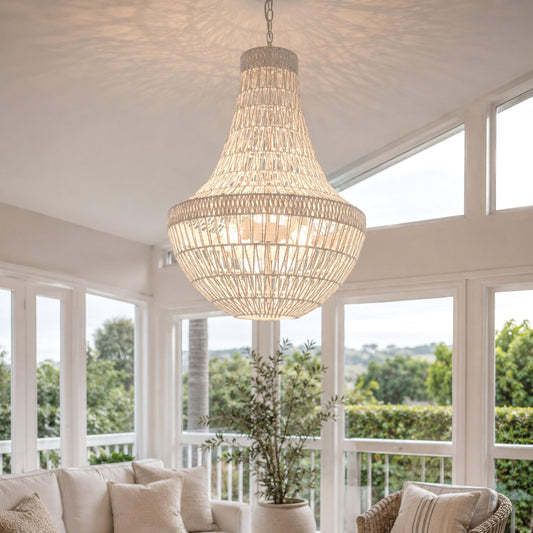 Boho rope pendant chandelier with woven cone drum shade, white