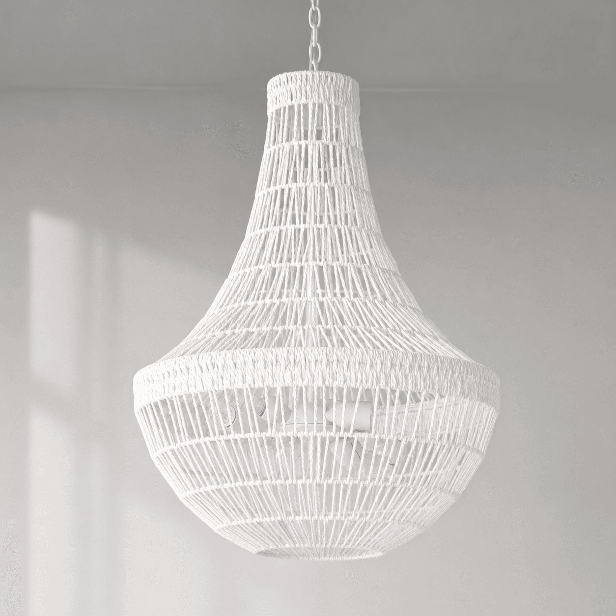 White woven rope pendant chandelier shade with teardrop silhouette