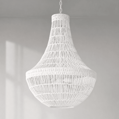 White woven rope pendant chandelier shade with teardrop silhouette