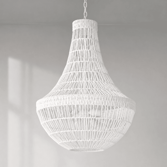 White woven rope pendant chandelier shade with teardrop silhouette