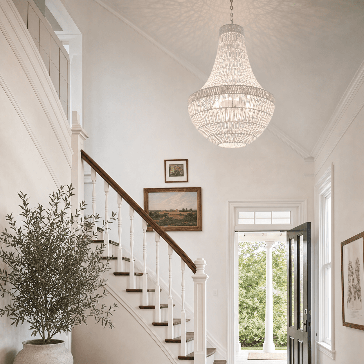 Boho rope pendant chandelier with woven white drum shade hanging on chain
