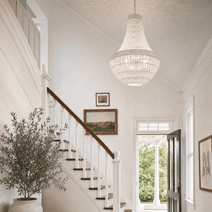 Boho rope pendant chandelier with woven white drum shade hanging on chain